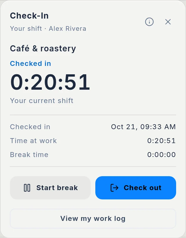 The check-in card with a shift running at a café.