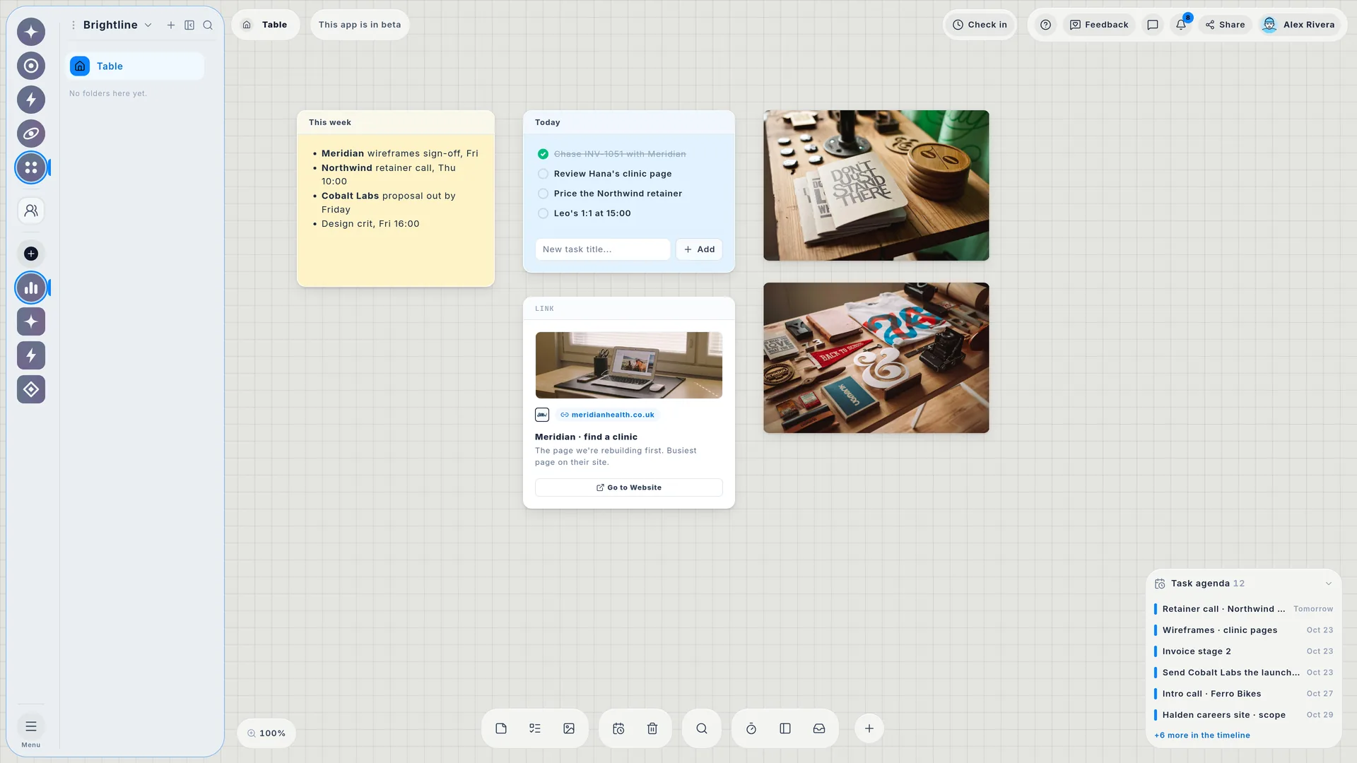 A Wailyspace Table: this week's notes, today's to-dos, a client link and photos, with the task agenda in the corner.