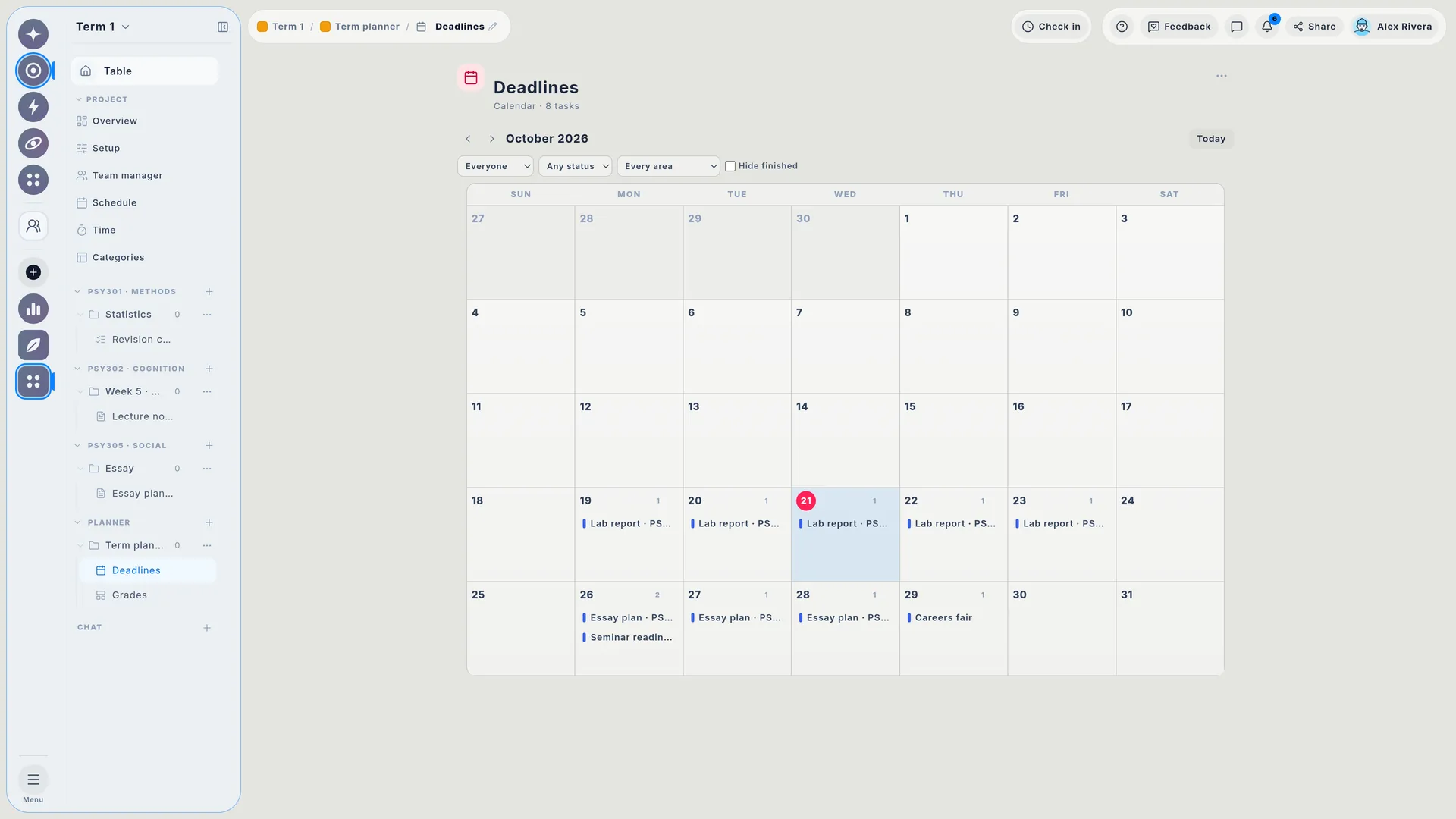 A student's October on the calendar: the lab report, seminar reading, an essay plan and the careers fair.