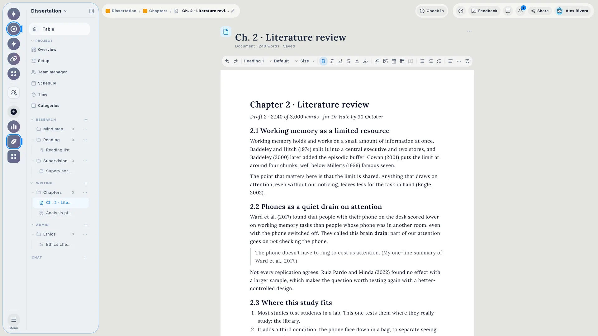 A dissertation's literature review written as a document in Wailyspace, with the project's folders in the sidebar.
