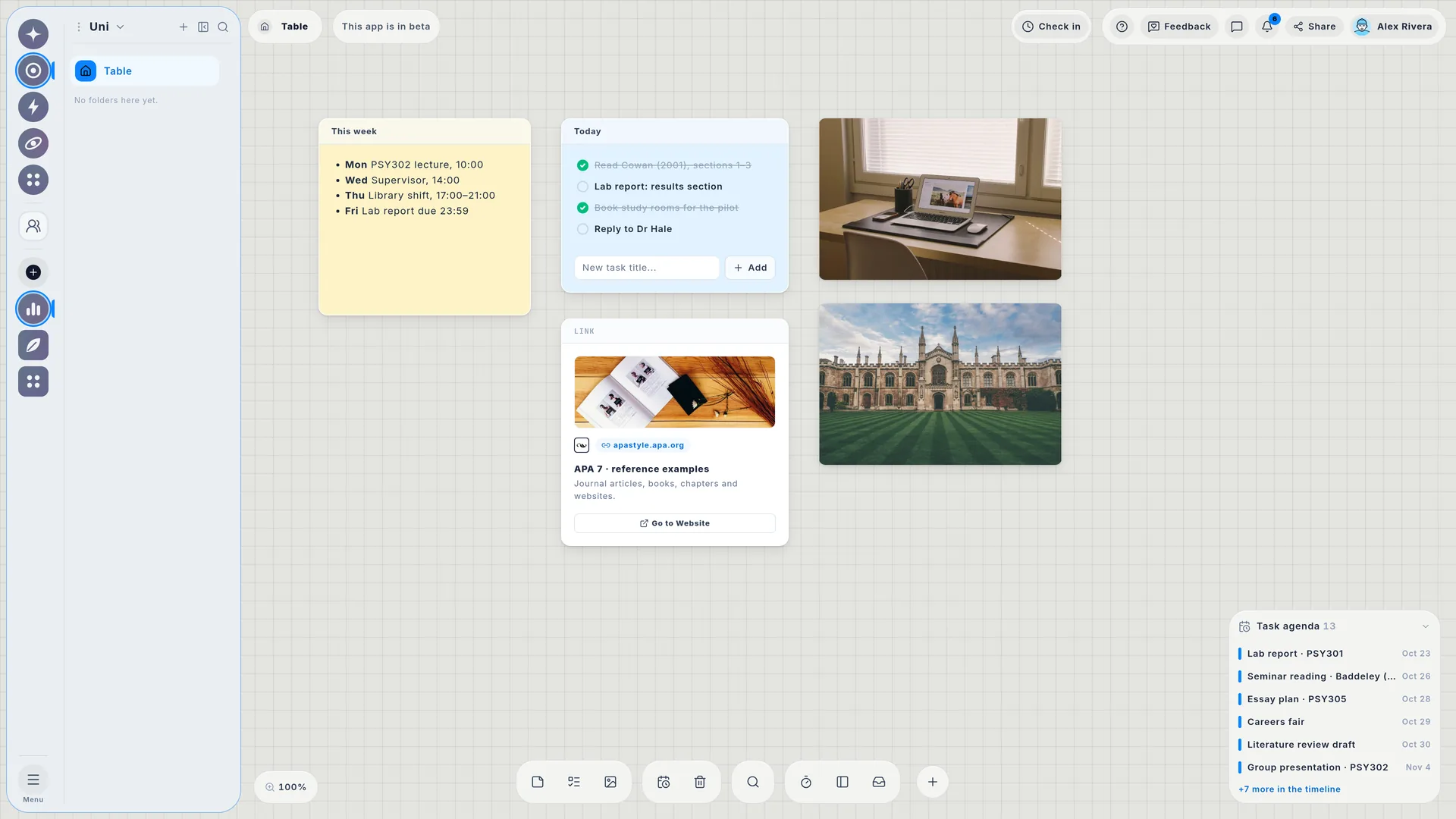A student's home screen. The task agenda in the corner lists what is due next: a lab report on 23 October, seminar reading, an essay plan, the careers fair, a literature review draft and a group presentation.